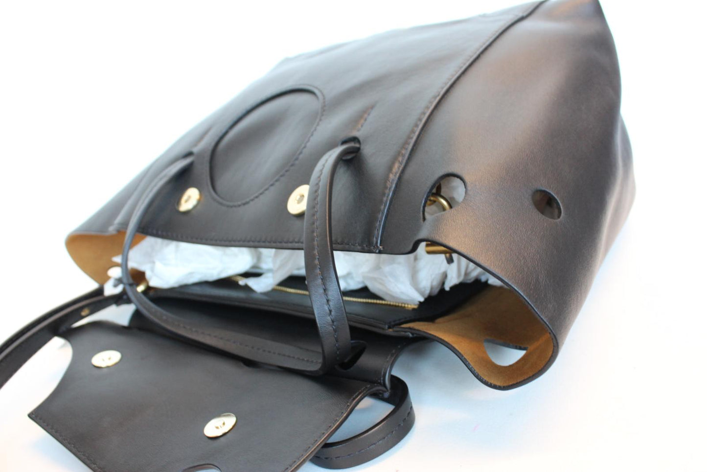 OFF-WHITE Ladies Black Leather Double Handle Foldover Burrow Tote Bag OS NEW