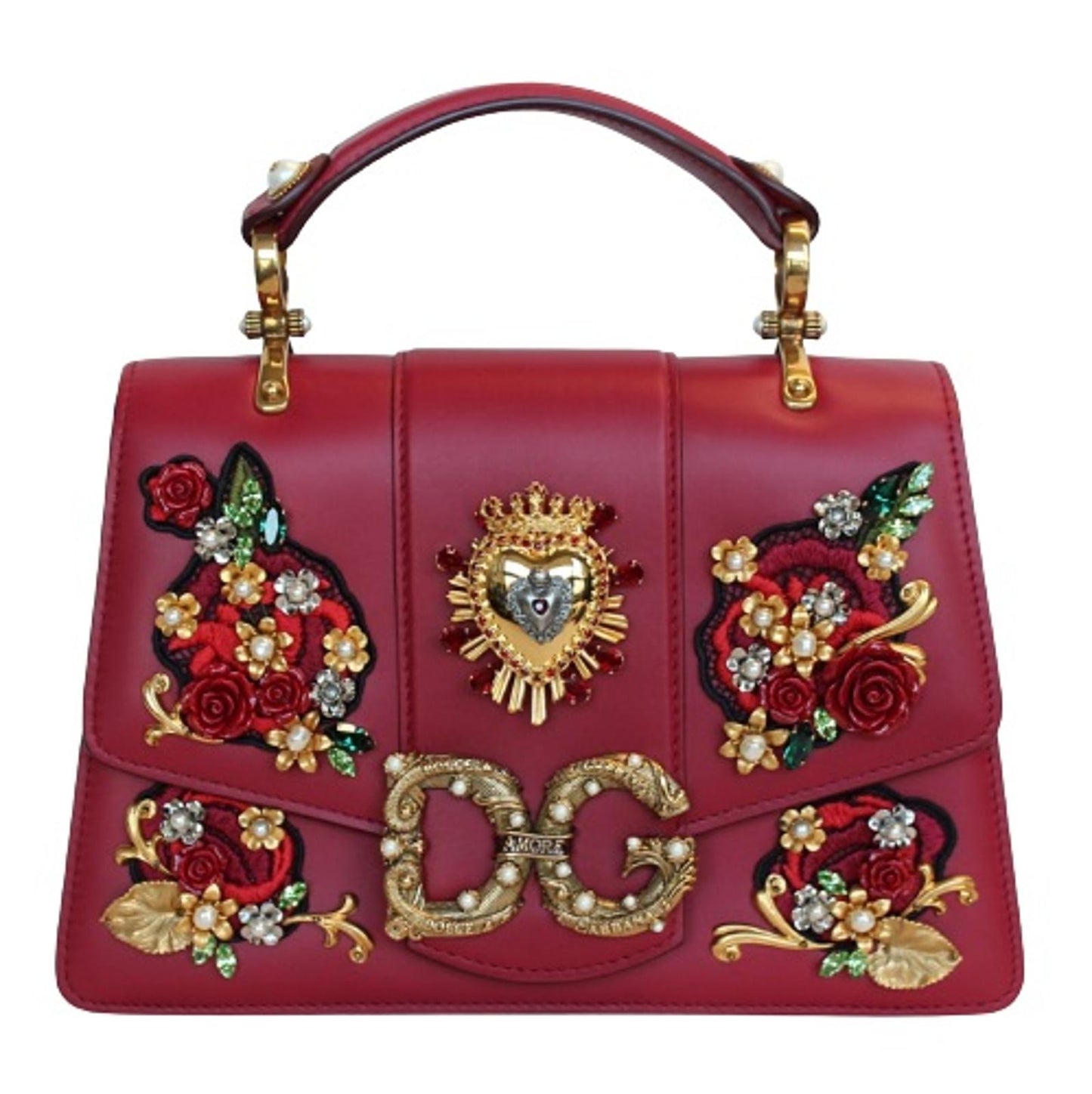 DOLCE & GABBANA Ladies DG Amore Red Leather Floral Jewel Embroidery Bag OS NEW