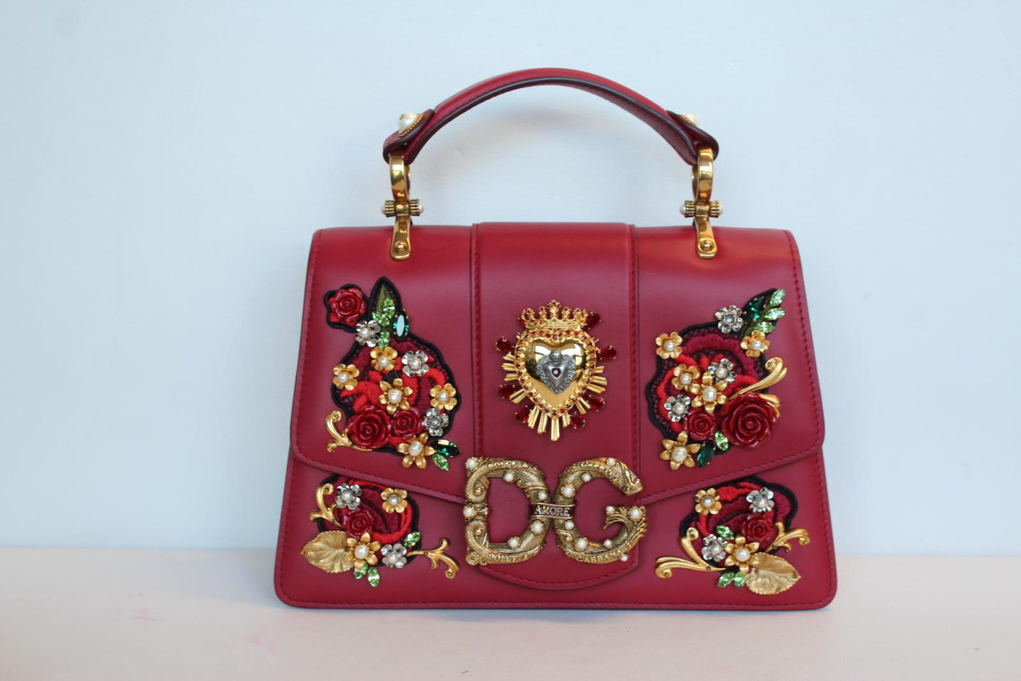 DOLCE & GABBANA Ladies DG Amore Red Leather Floral Jewel Embroidery Bag OS NEW