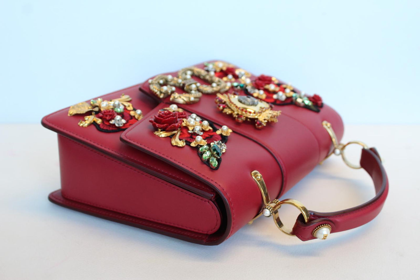 DOLCE & GABBANA Ladies DG Amore Red Leather Floral Jewel Embroidery Bag OS NEW