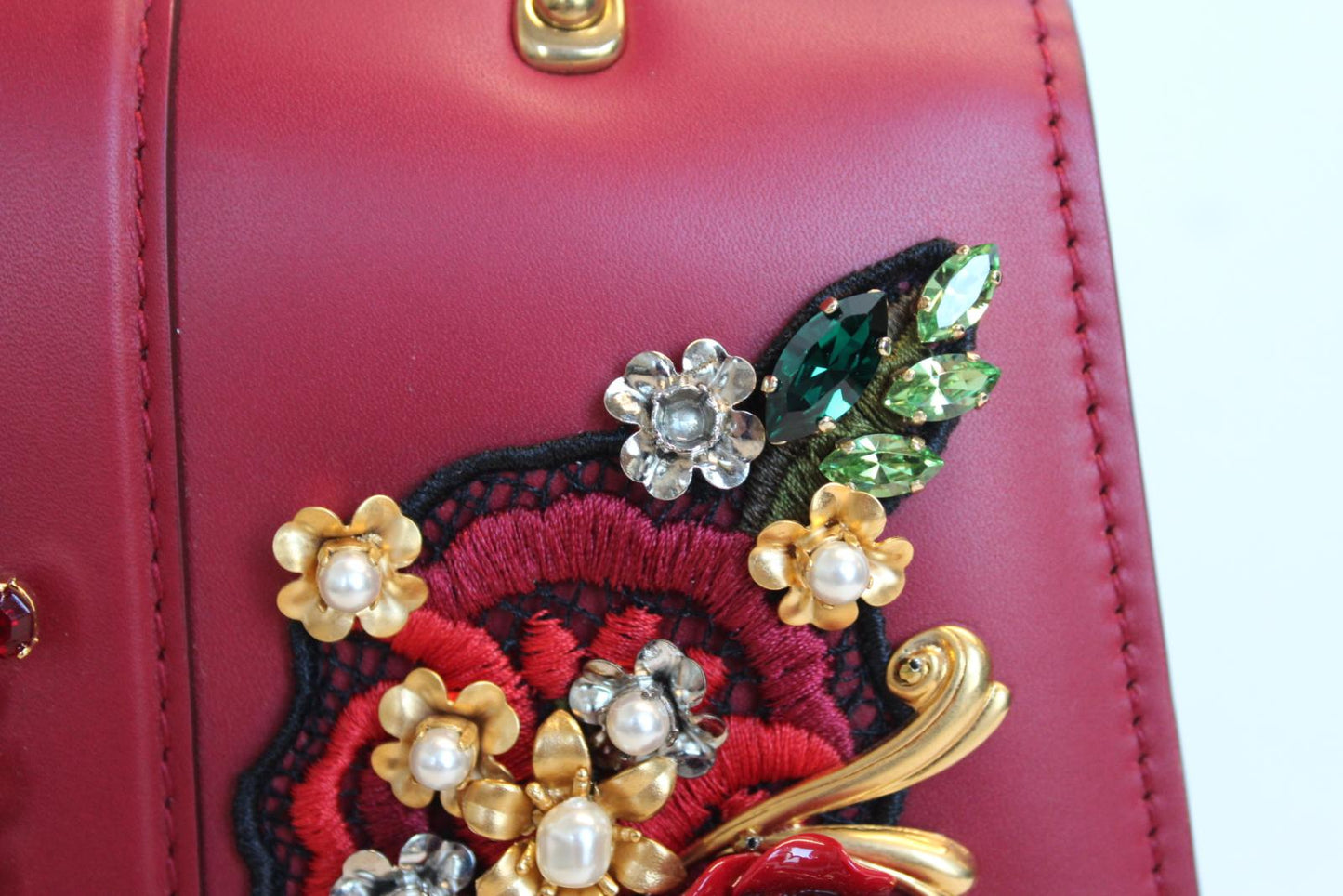 DOLCE & GABBANA Ladies DG Amore Red Leather Floral Jewel Embroidery Bag OS NEW
