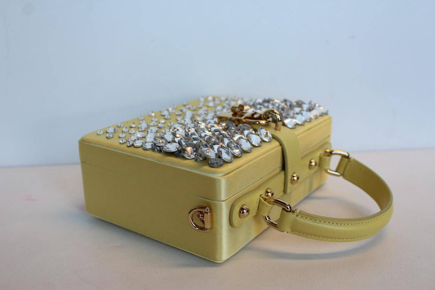 DOLCE & GABBANA Ladies Yellow Satin Crystal Embellished Dolce Box Bag OS NEW