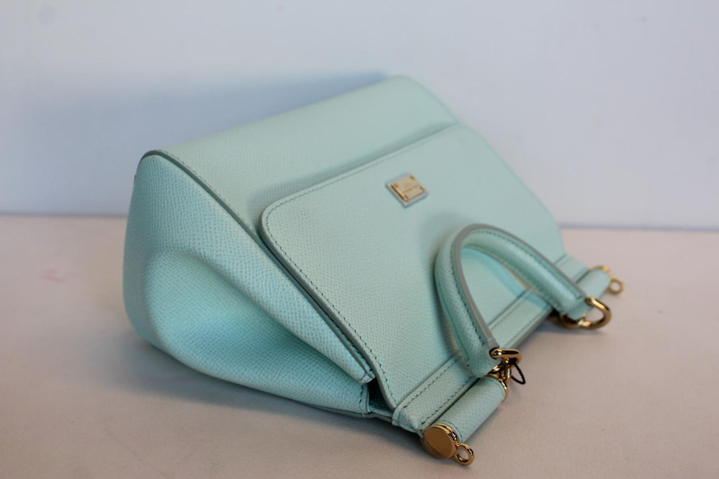 DOLCE & GABBANA Ladies Light Blue Grain Leather Magnetic Snap Sicily Bag NEW