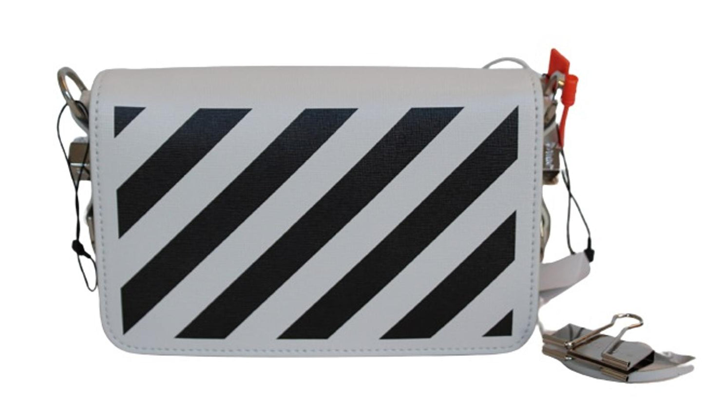 OFF-WHITE Ladies White & Black Leather Diagonal Binder Clip Mini Flap Bag OS NEW