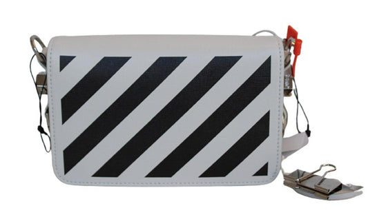 OFF-WHITE Ladies White & Black Leather Diagonal Binder Clip Mini Flap Bag OS NEW