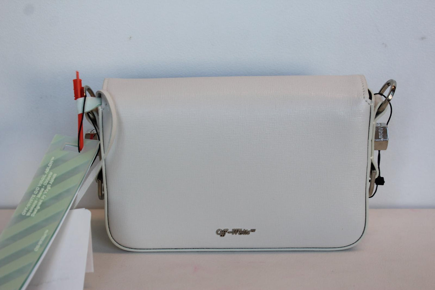 OFF-WHITE Ladies White & Black Leather Diagonal Binder Clip Mini Flap Bag OS NEW