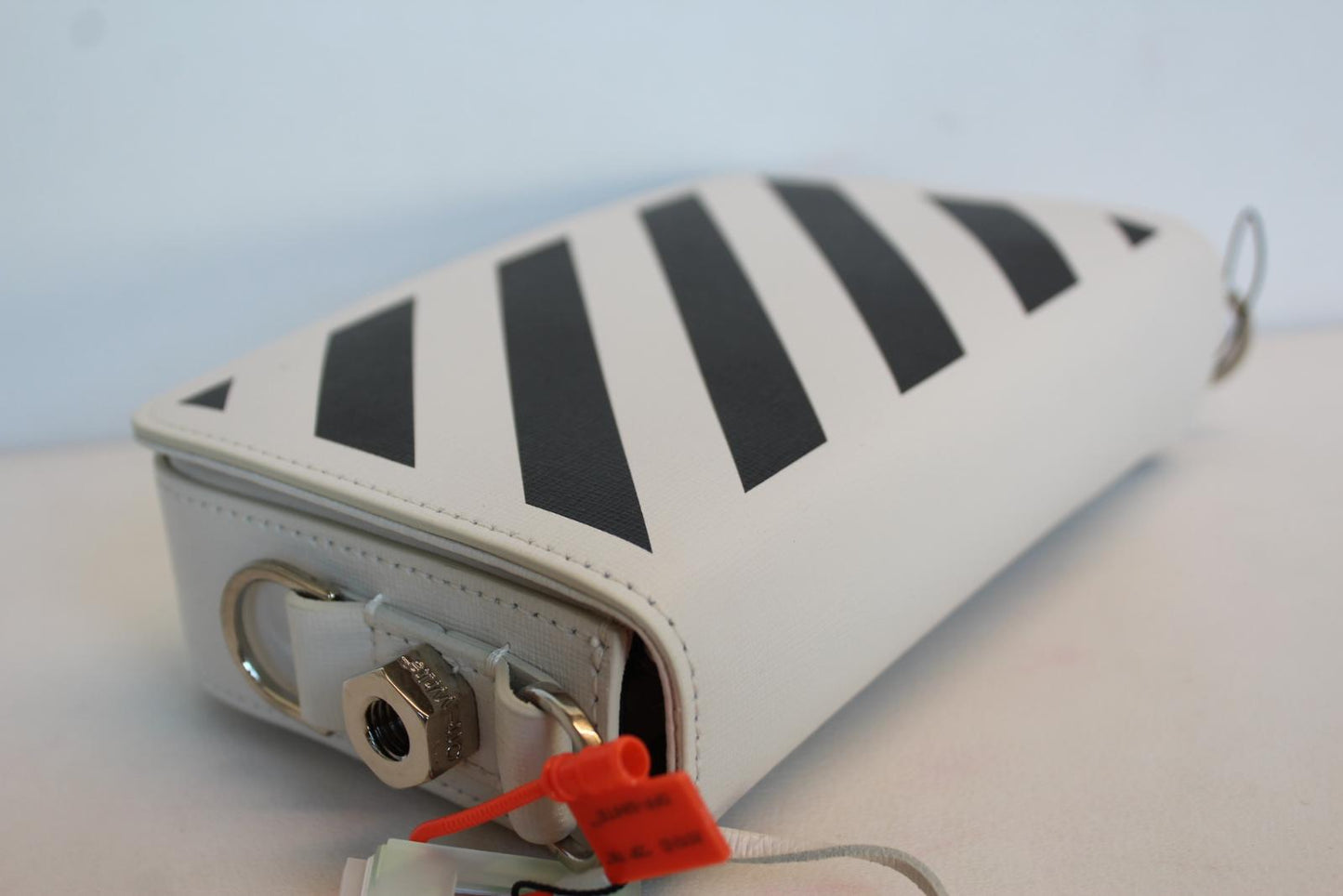OFF-WHITE Ladies White & Black Leather Diagonal Binder Clip Mini Flap Bag OS NEW