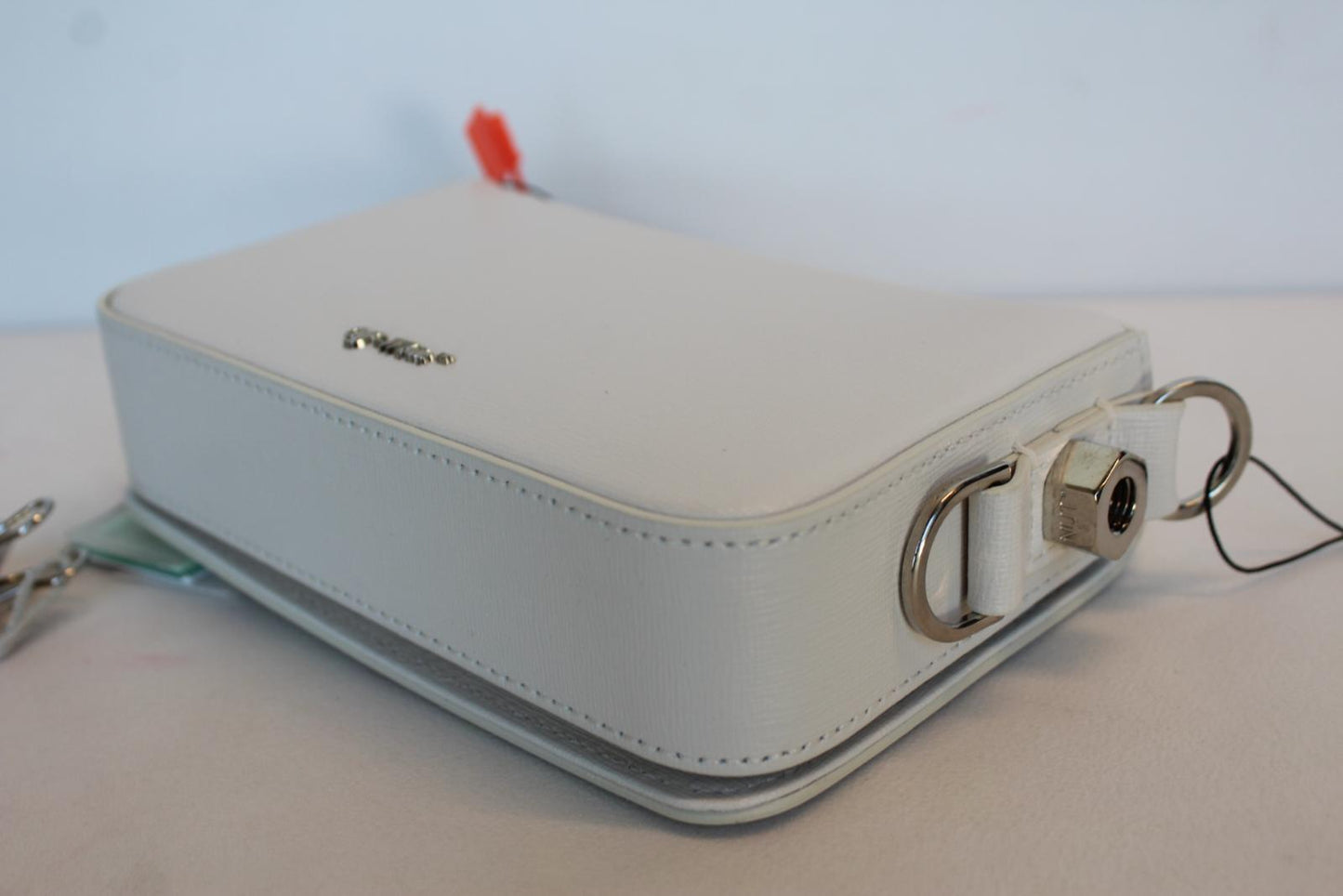 OFF-WHITE Ladies White & Black Leather Diagonal Binder Clip Mini Flap Bag OS NEW