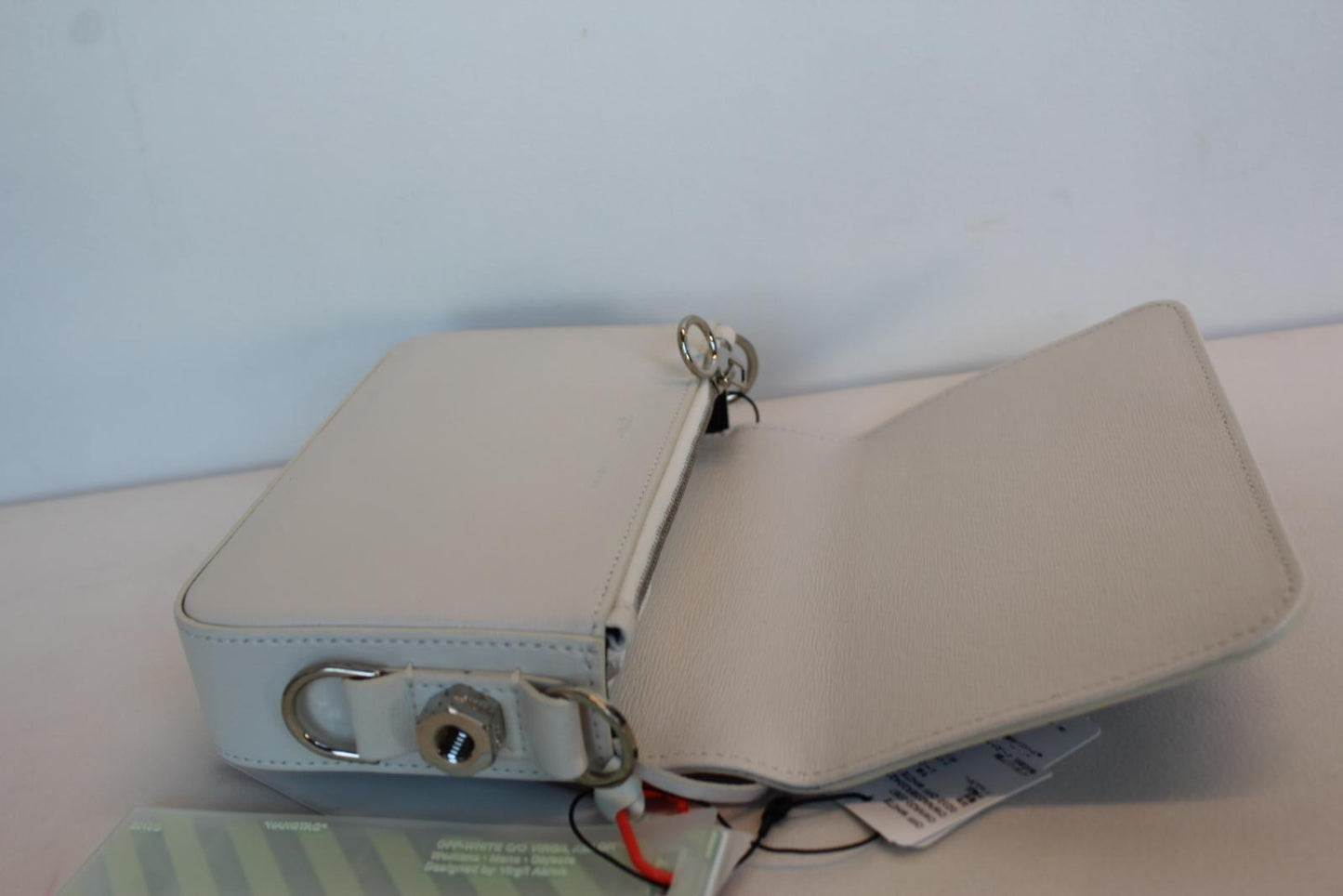 OFF-WHITE Ladies White & Black Leather Diagonal Binder Clip Mini Flap Bag OS NEW