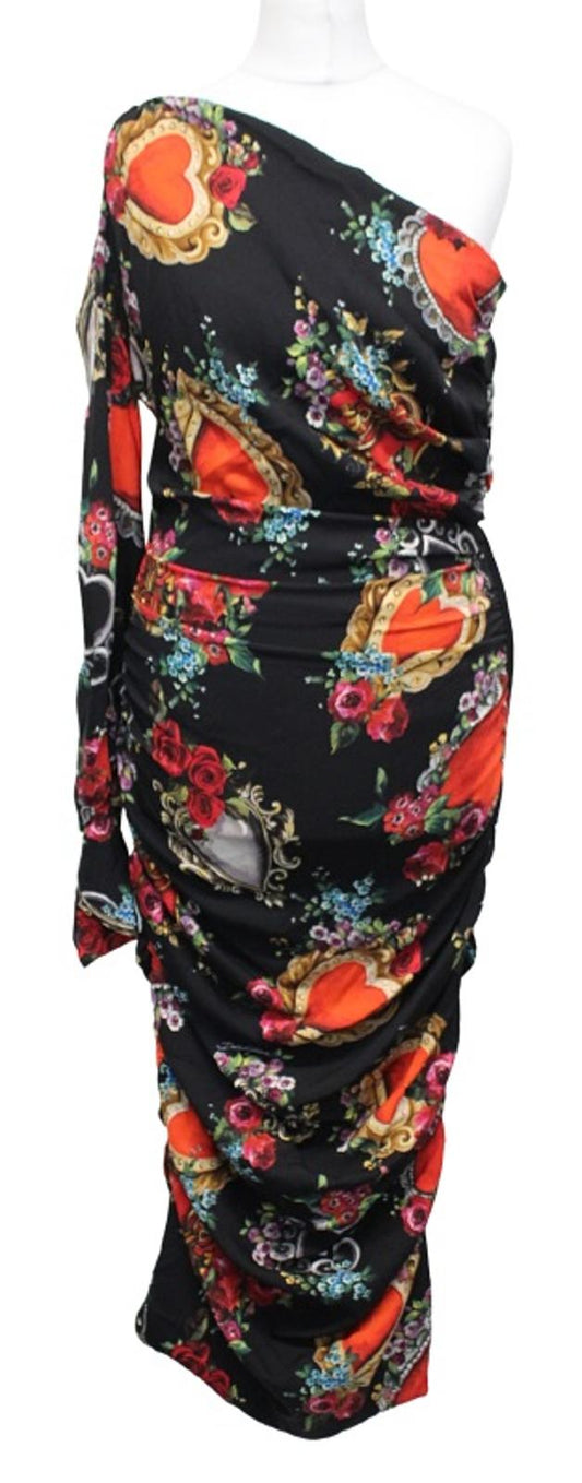 DOLCE & GABBANA Ladies Black Multi Heart Print One-Shoulder Dress IT44 UK12 NEW