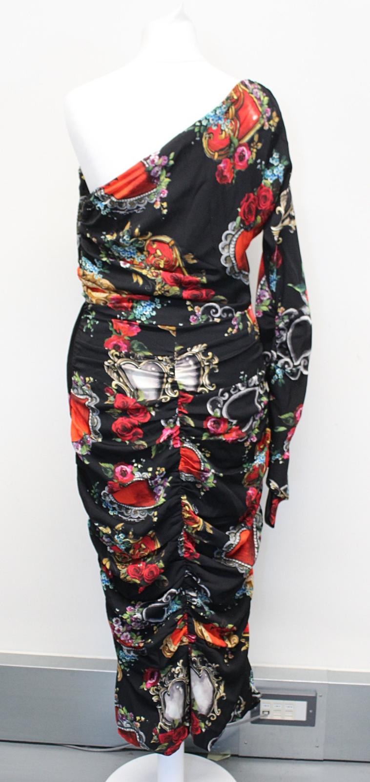DOLCE & GABBANA Ladies Black Multi Heart Print One-Shoulder Dress IT44 UK12 NEW