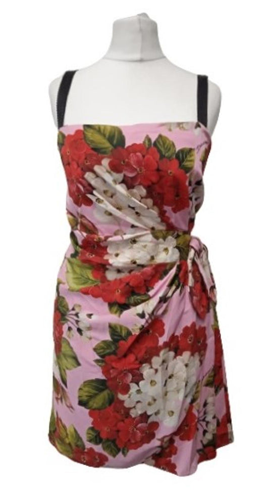 DOLCE & GABBANA Ladies Pink Silk Blend Geranium Print Mini Dress EU42 UK10 NEW