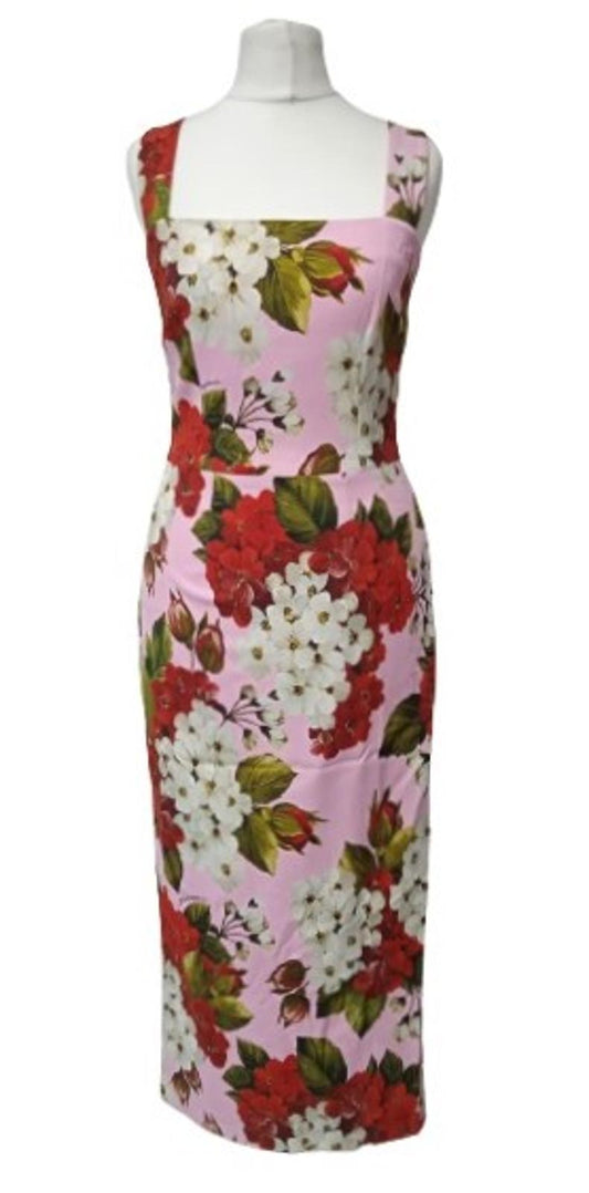 DOLCE & GABBANA Ladies Pink Sleeveless Geranium Print Midi Dress EU40 UK8 NEW