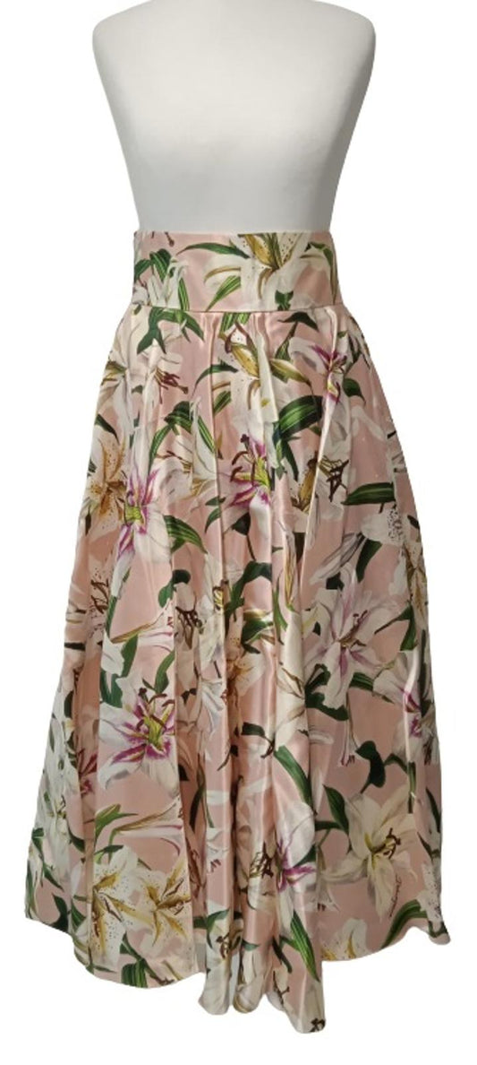 DOLCE & GABBANA Ladies Pink Silk Lily Print Midi Skirt Size EU40 UK8 NEW