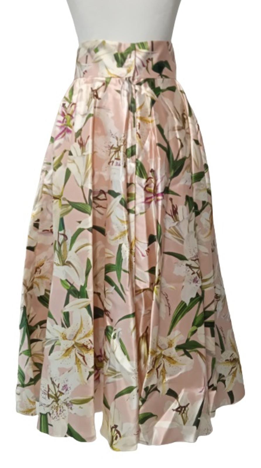 DOLCE & GABBANA Ladies Pink Silk Lily Print Midi Skirt Size EU40 UK8 NEW