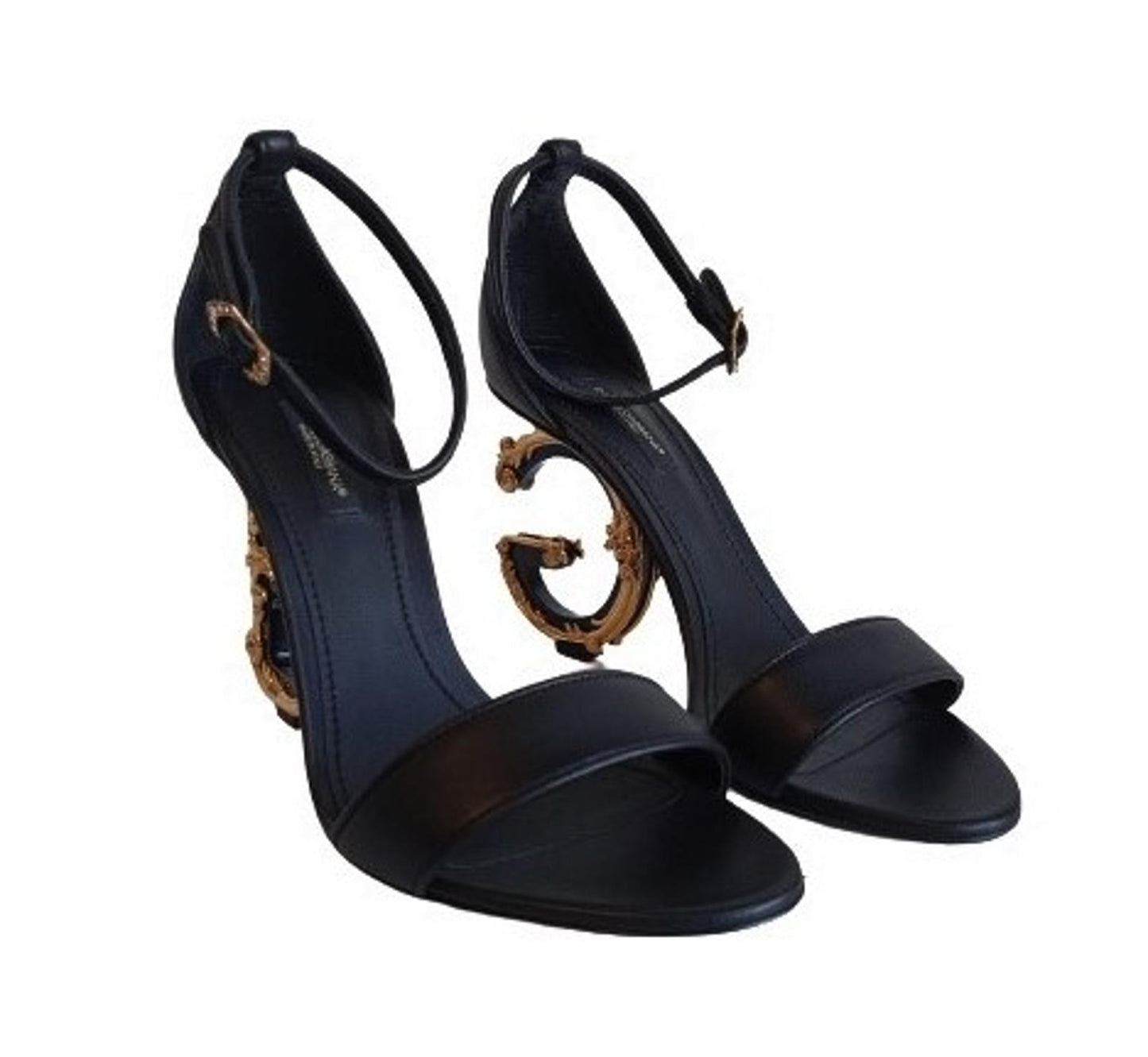 DOLCE & GABBANA Ladies Black Leather DG Detail Heel Sandals EU37.5 UK4.5 NEW