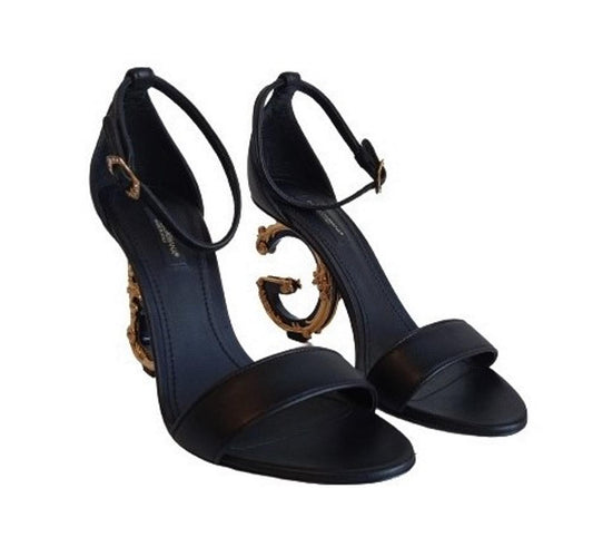 DOLCE & GABBANA Ladies Black Leather DG Detail Heel Sandals EU37.5 UK4.5 NEW