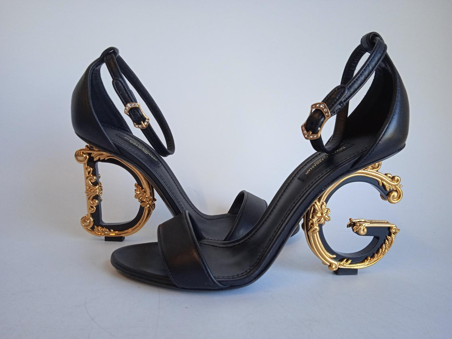 DOLCE & GABBANA Ladies Black Leather DG Detail Heel Sandals EU37.5 UK4.5 NEW