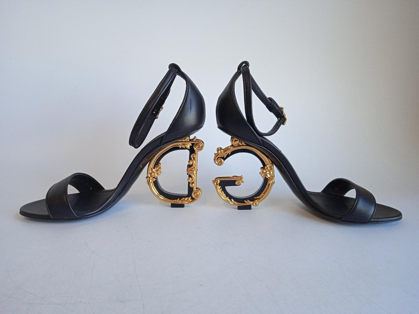 DOLCE & GABBANA Ladies Black Leather DG Detail Heel Sandals EU37.5 UK4.5 NEW
