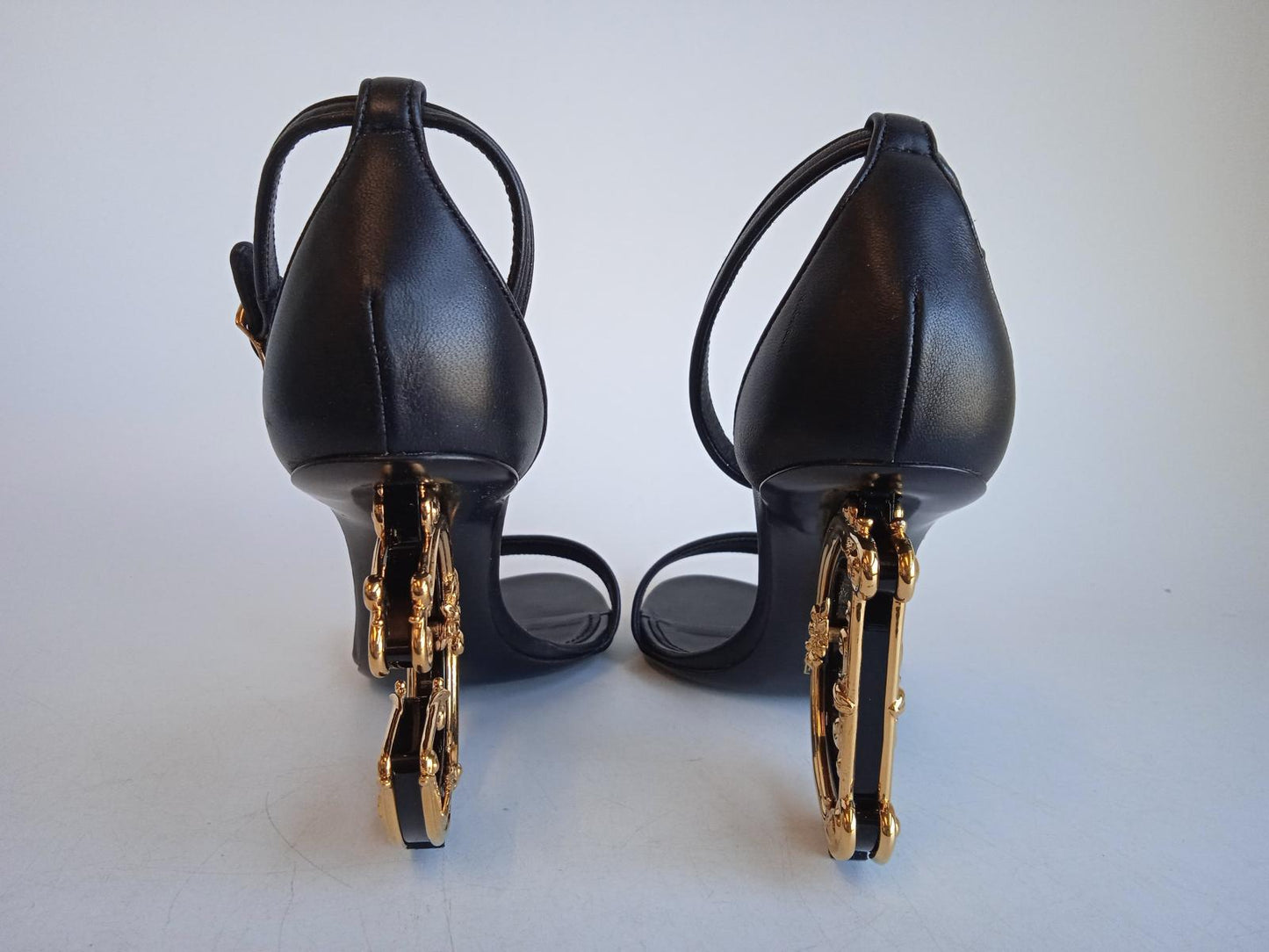 DOLCE & GABBANA Ladies Black Leather DG Detail Heel Sandals EU37.5 UK4.5 NEW