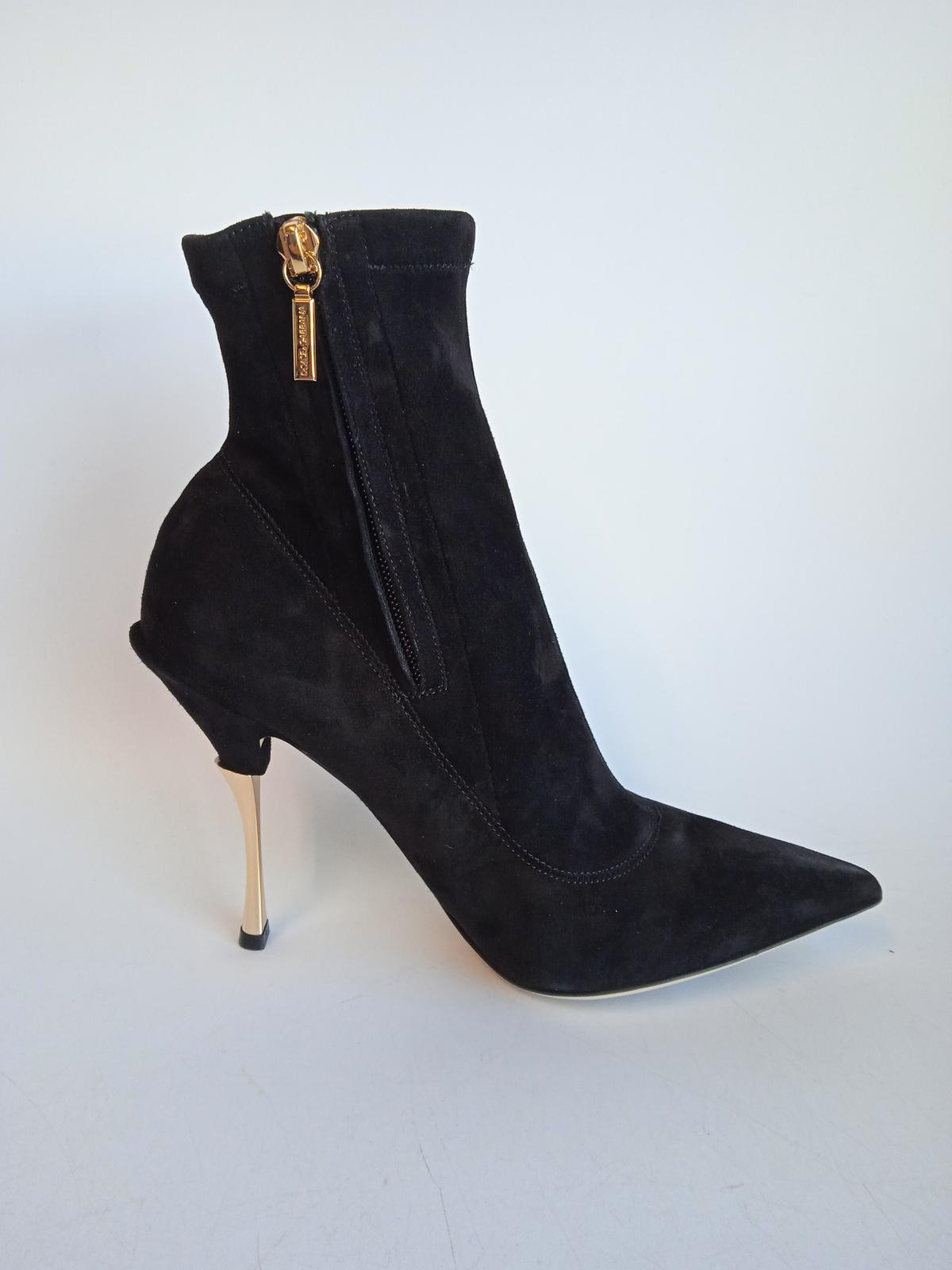 DOLCE & GABBANA Ladies Black Suede Gold Heel Ankle Boots Size EU39 UK6 NEW