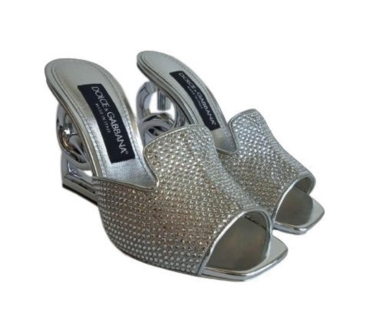 DOLCE & GABBANA Ladies Silver DG-Heel Gemstone Mule Shoes Size EU37 UK4 NEW