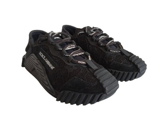 DOLCE & GABBANA Ladies Black Leather NS1 Lace-Trimmed Trainers EU38.5 UK5.5 NEW
