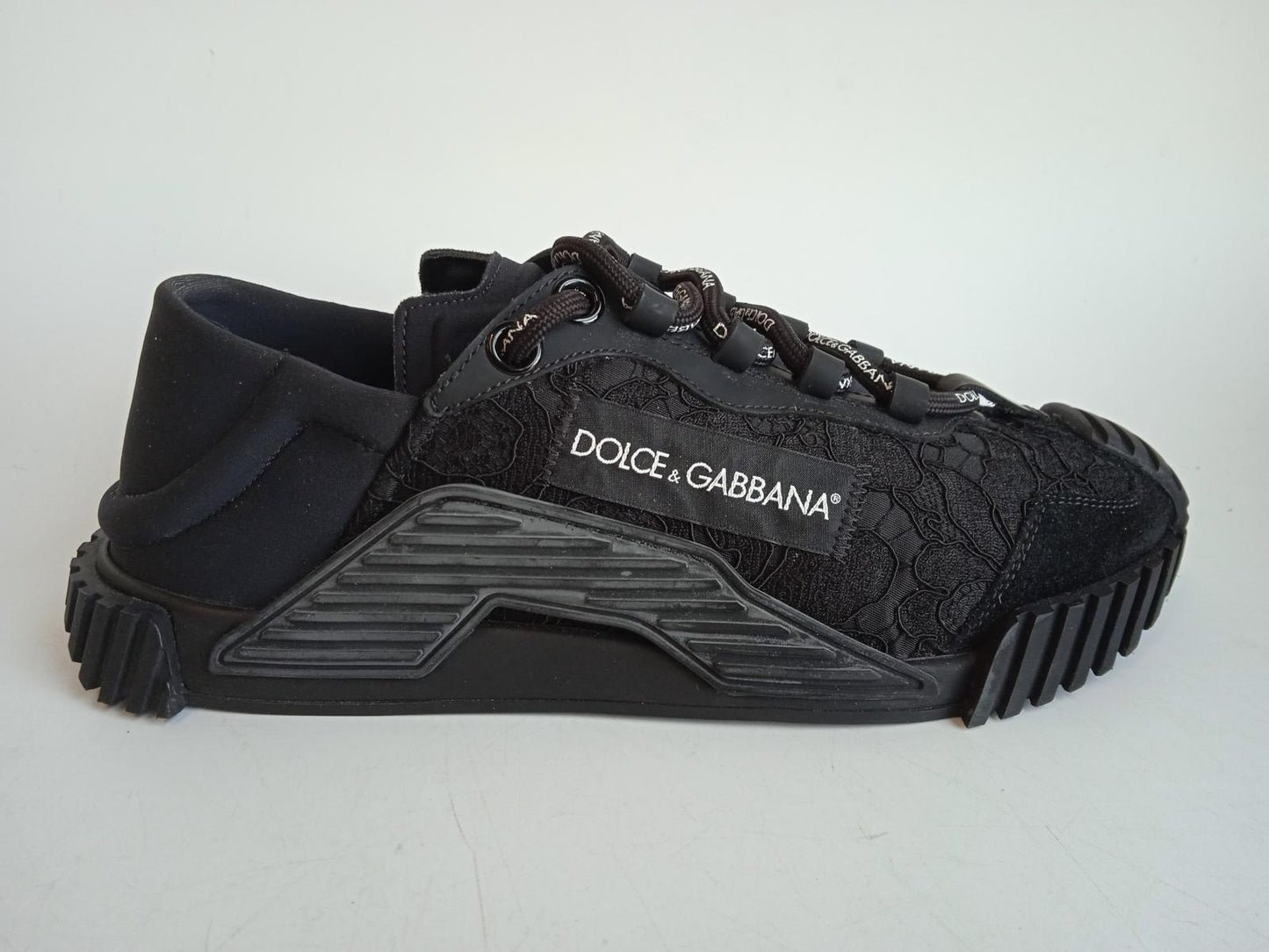 DOLCE & GABBANA Ladies Black Leather NS1 Lace-Trimmed Trainers EU38.5 UK5.5 NEW