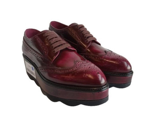 PRADA Ladies Dark Red Leather Platform Derby Brogue Shoes EU37.5 UK4.5 NEW