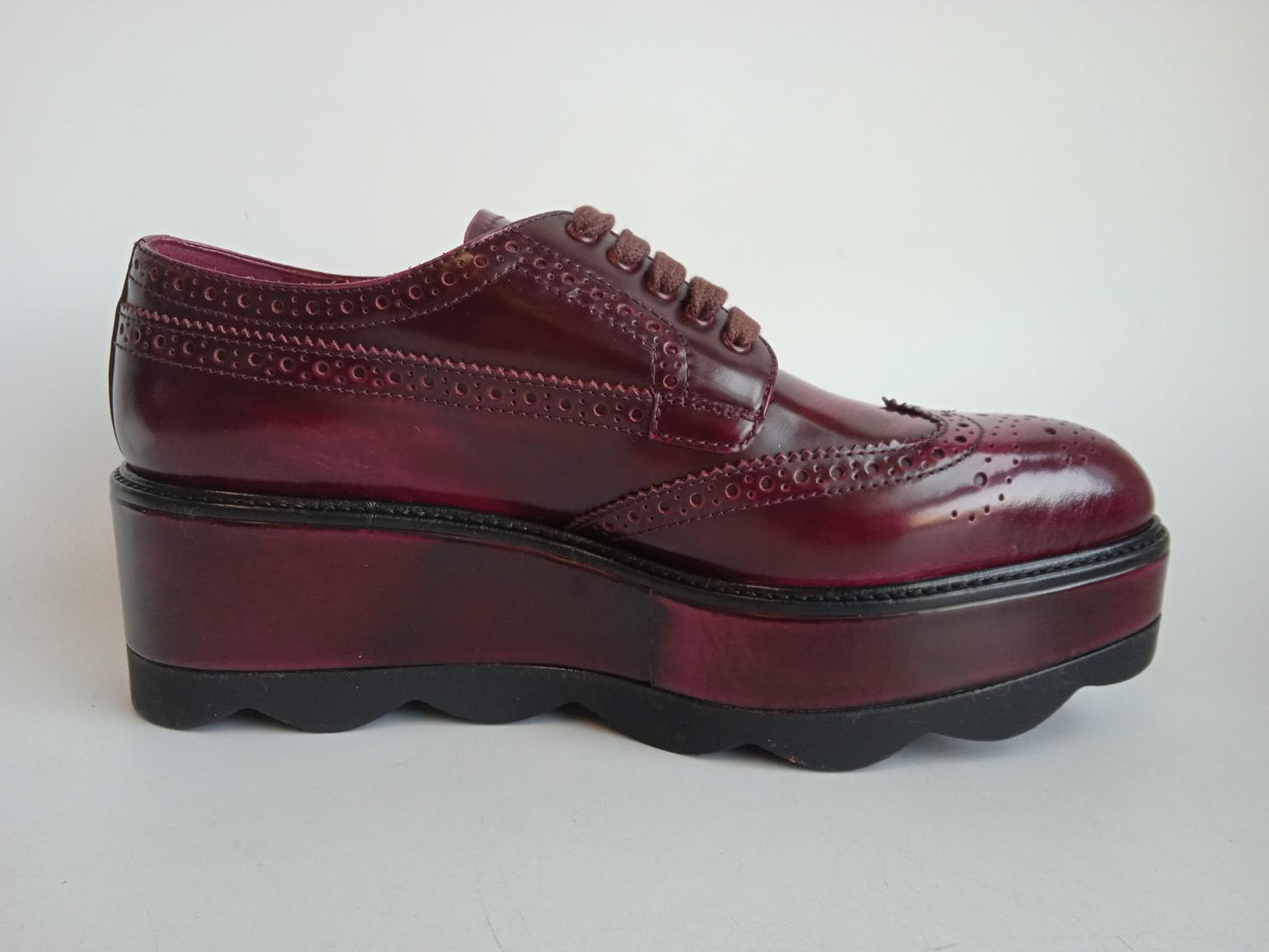 PRADA Ladies Dark Red Leather Platform Derby Brogue Shoes EU37.5 UK4.5 NEW