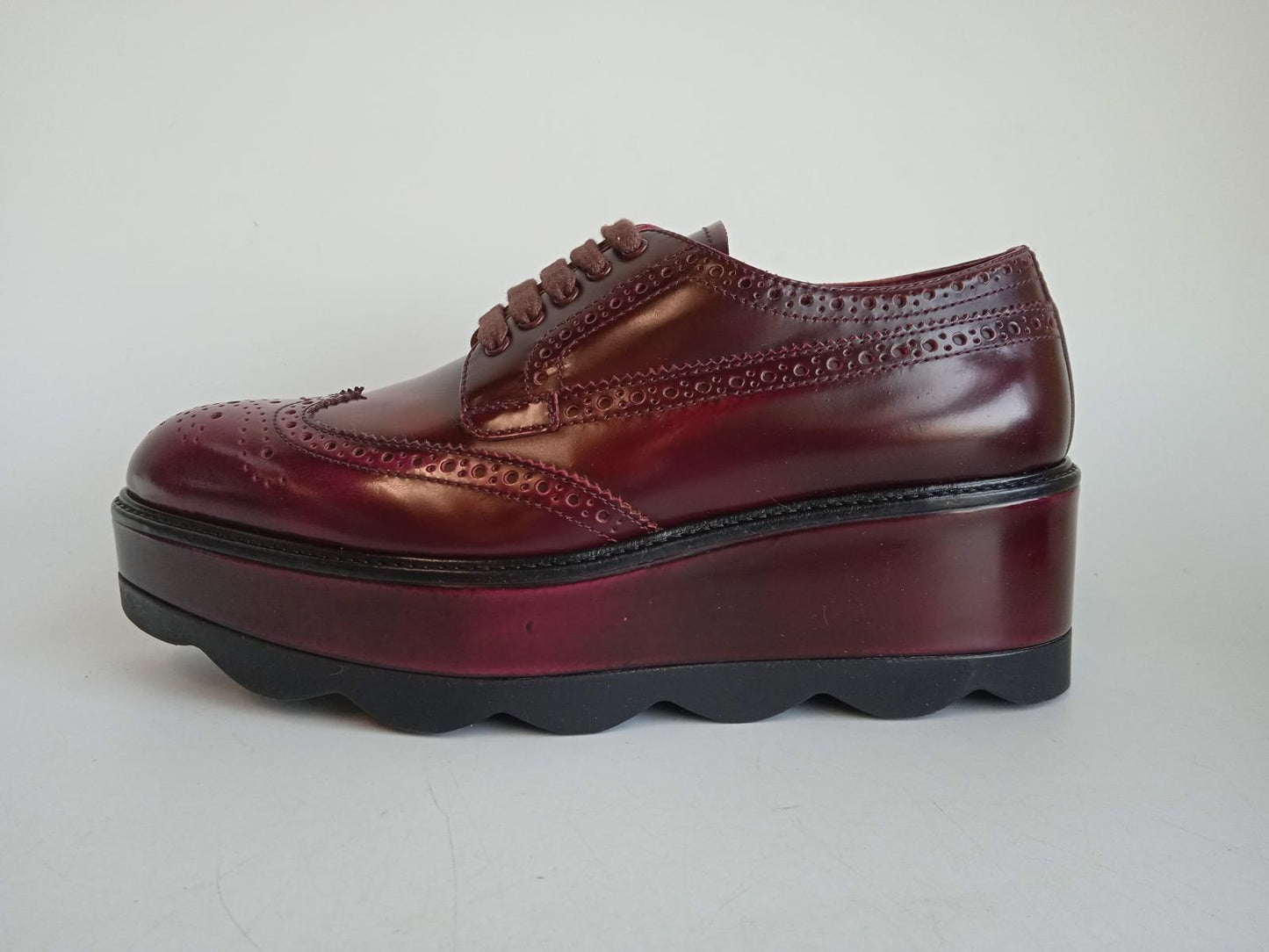 PRADA Ladies Dark Red Leather Platform Derby Brogue Shoes EU37.5 UK4.5 NEW