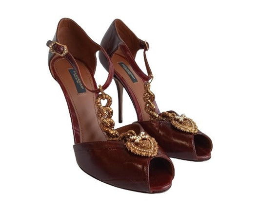 DOLCE & GABBANA Ladies Brown Leather Chain Detail Bette Pumps EU39 UK6 NEW