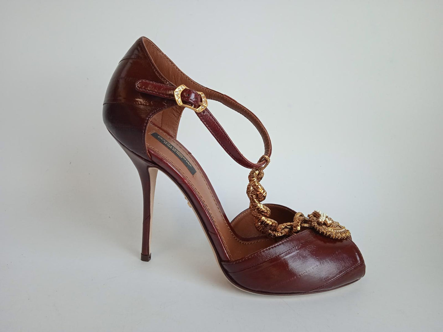 DOLCE & GABBANA Ladies Brown Leather Chain Detail Bette Pumps EU39 UK6 NEW