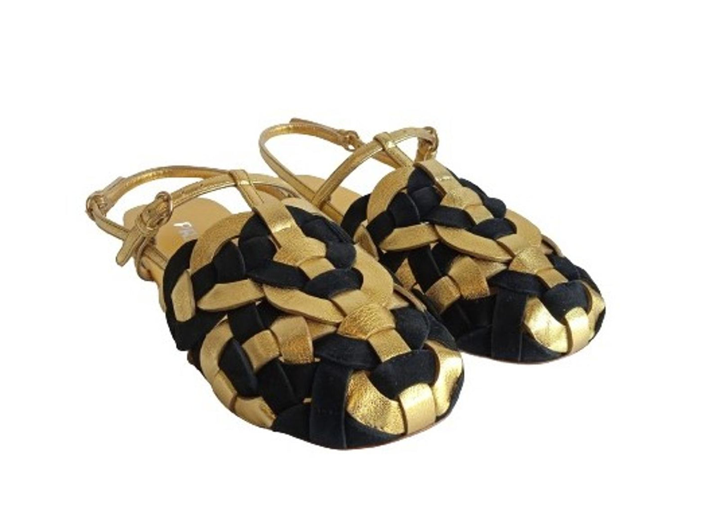 PRADA Ladies Gold & Black Suede Leather Woven Motif Flat Sandals EU38 UK5 NEW