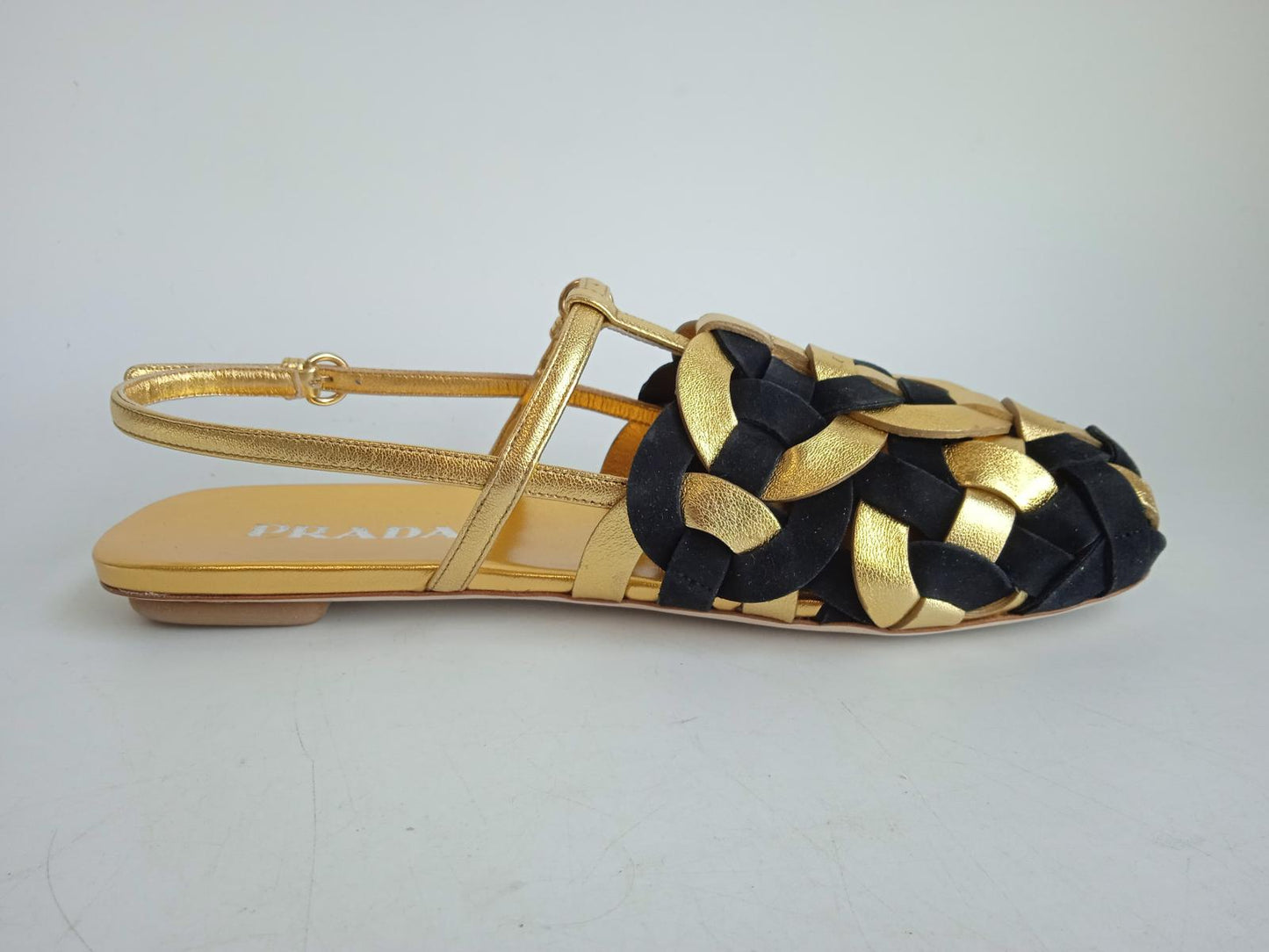 PRADA Ladies Gold & Black Suede Leather Woven Motif Flat Sandals EU38 UK5 NEW