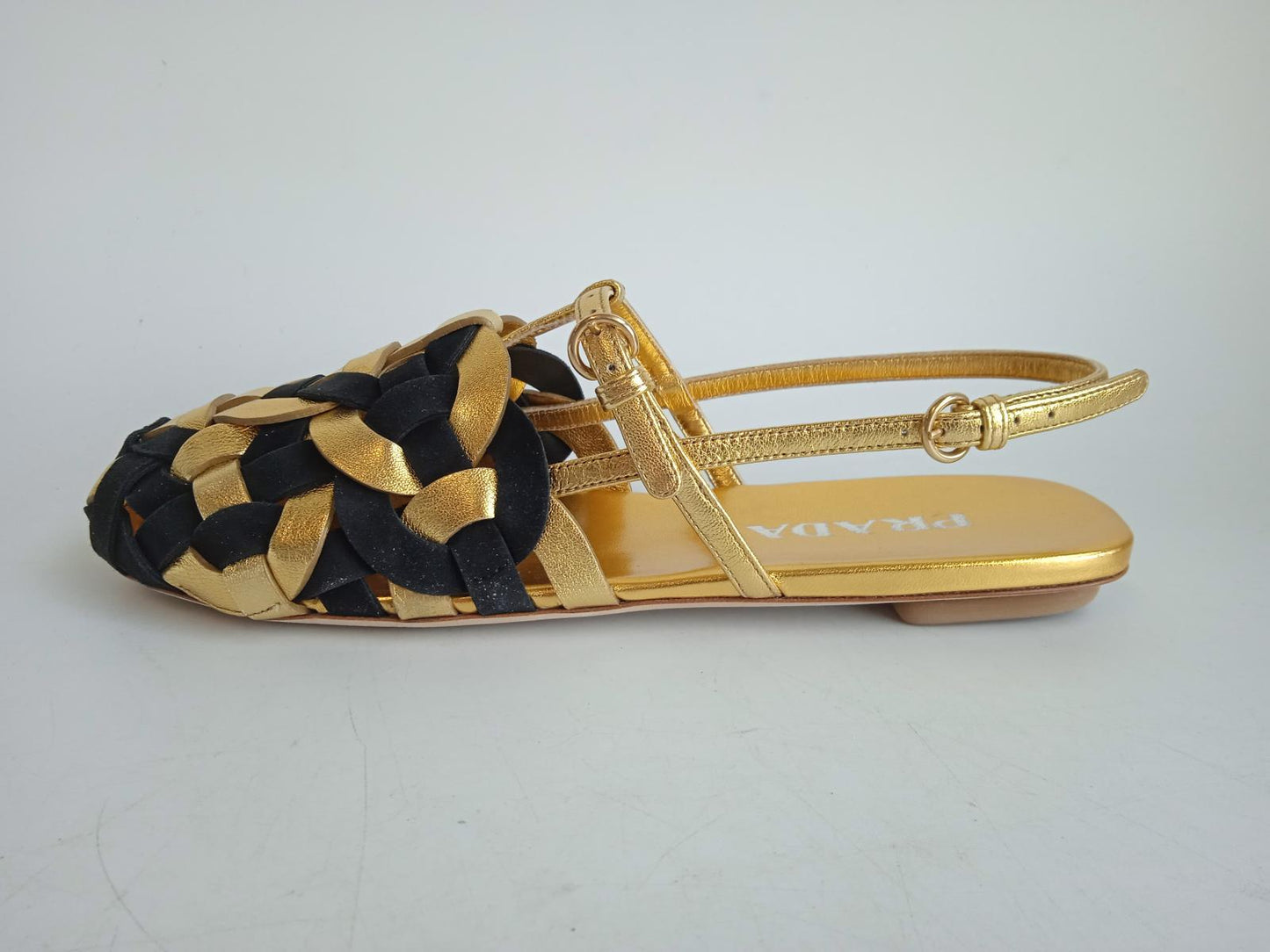 PRADA Ladies Gold & Black Suede Leather Woven Motif Flat Sandals EU38 UK5 NEW