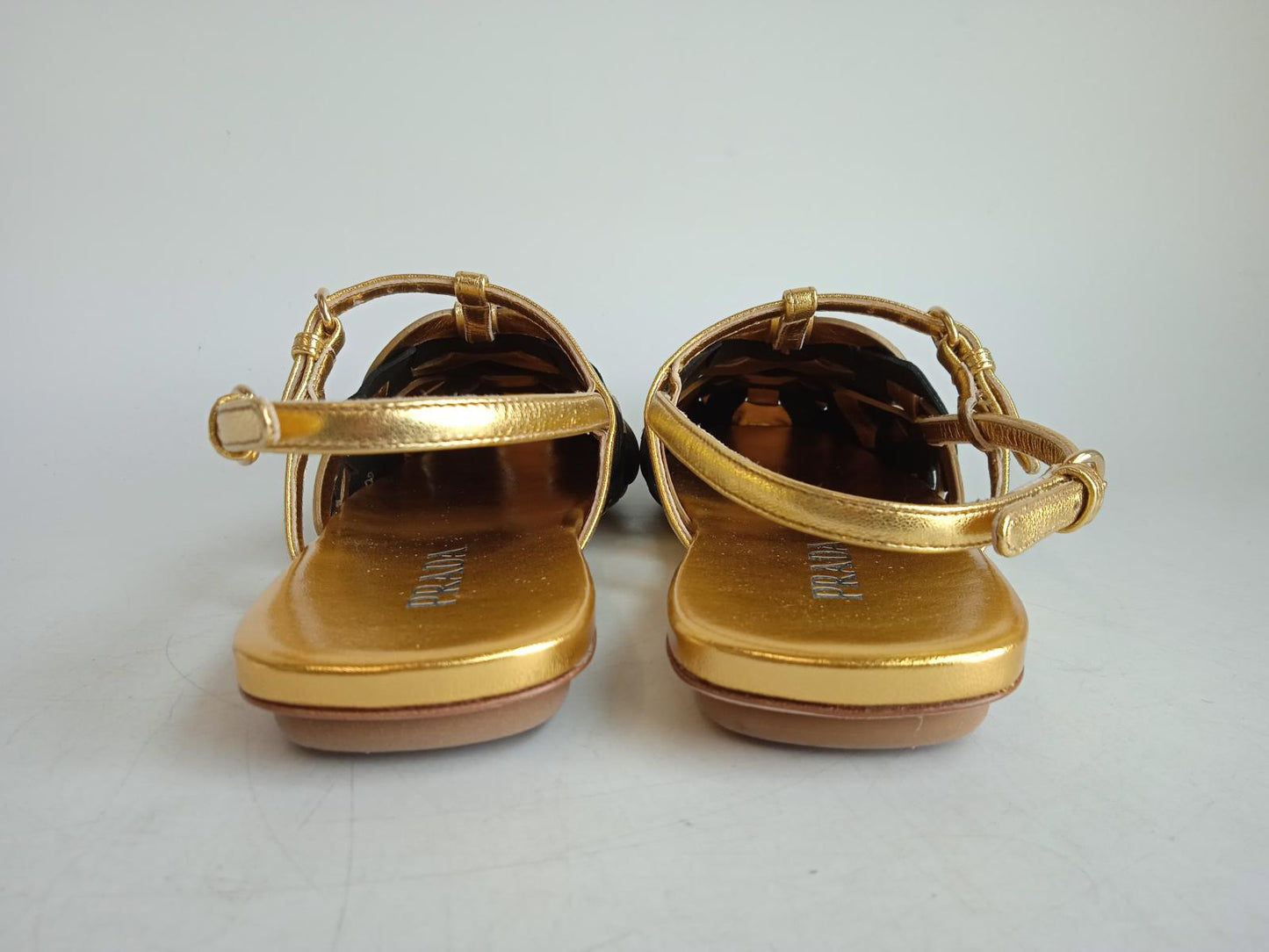 PRADA Ladies Gold & Black Suede Leather Woven Motif Flat Sandals EU38 UK5 NEW