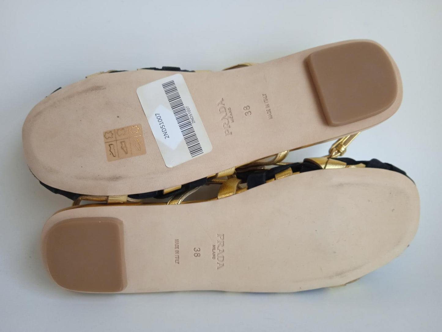 PRADA Ladies Gold & Black Suede Leather Woven Motif Flat Sandals EU38 UK5 NEW