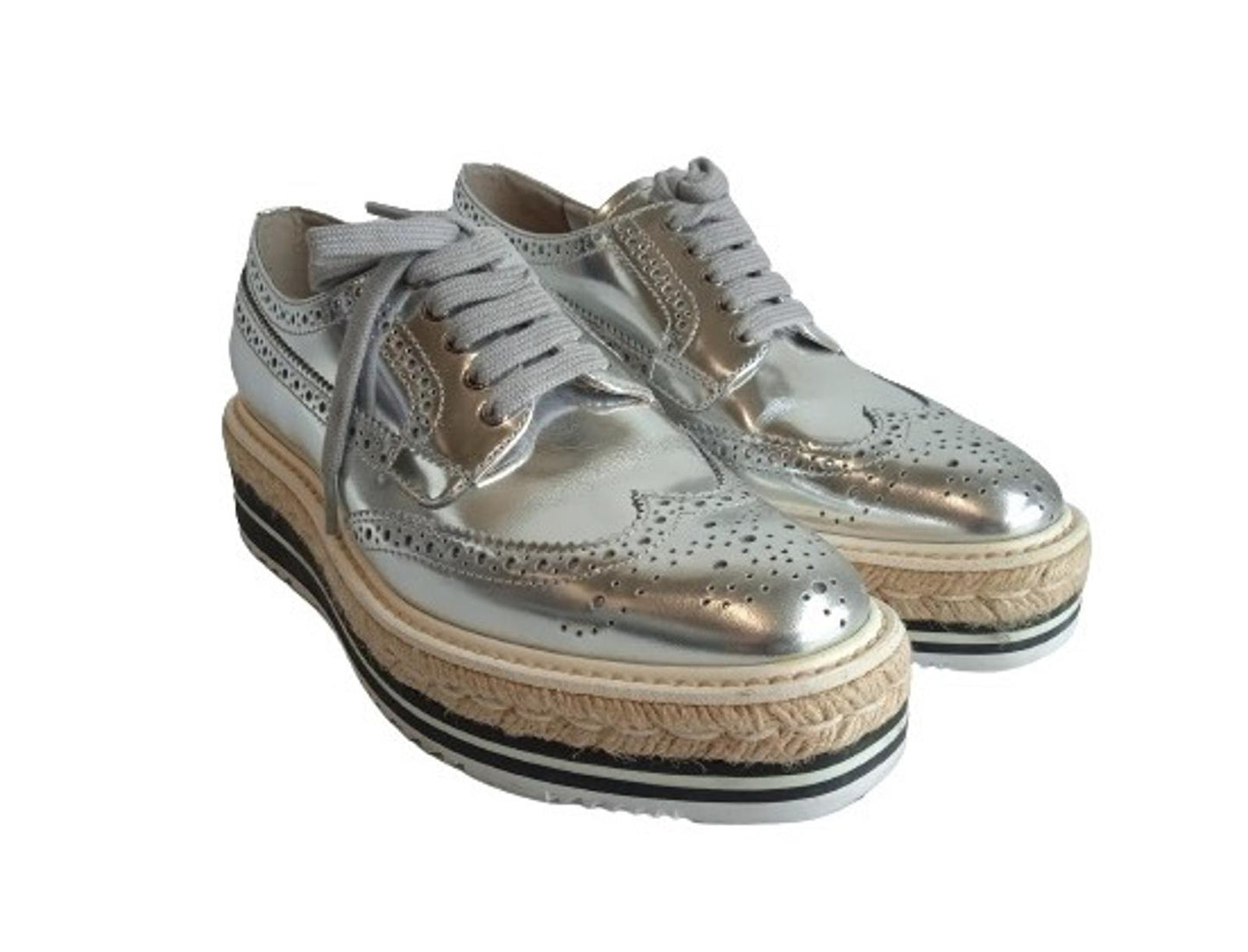 PRADA Ladies Metallic Silver Leather Lace-Up Platform Brogues EU36 UK3 NEW