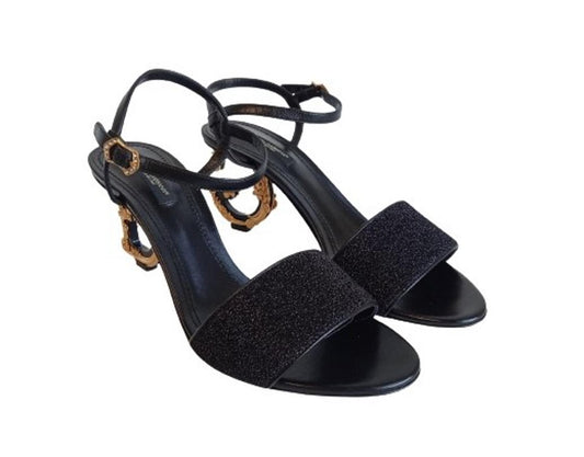 DOLCE & GABBANA Ladies Black Leather DG Heel Slingback Sandals EU39 UK6 NEW