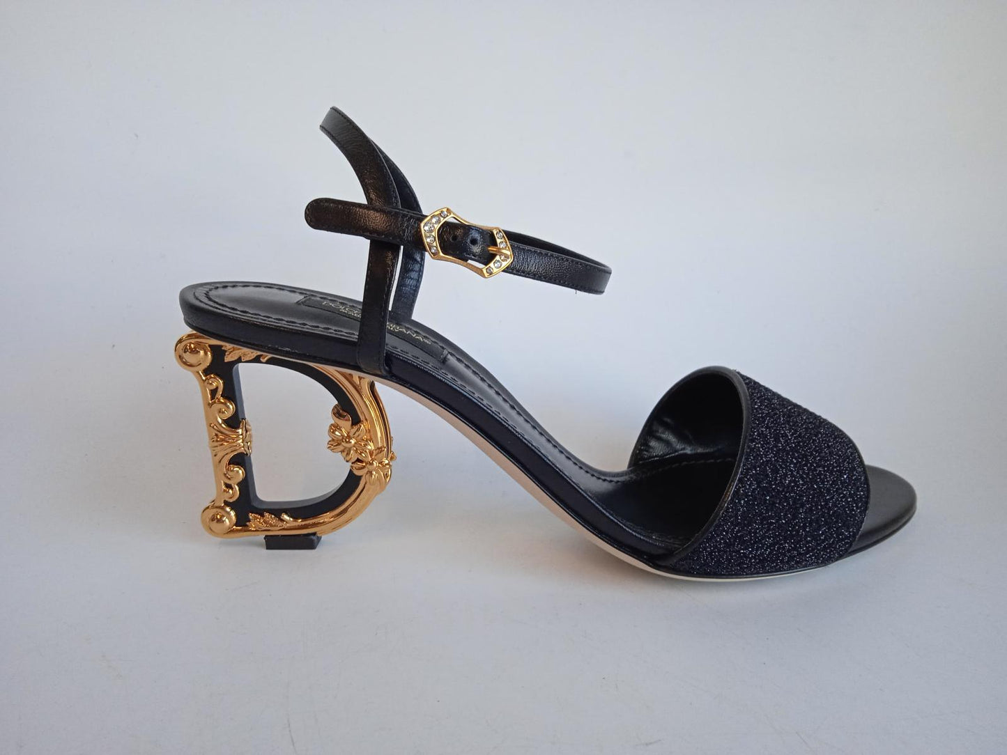 DOLCE & GABBANA Ladies Black Leather DG Heel Slingback Sandals EU39 UK6 NEW