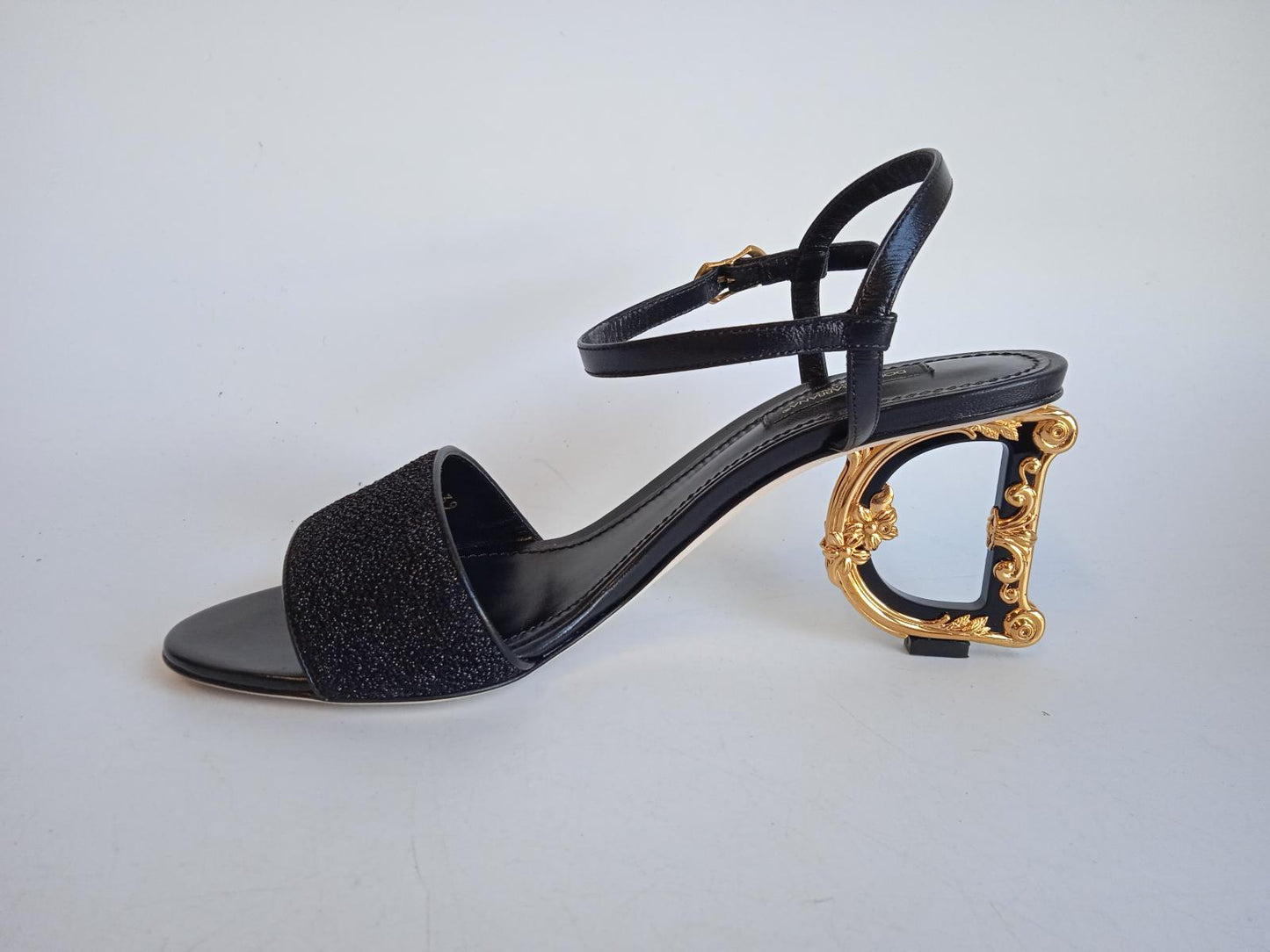 DOLCE & GABBANA Ladies Black Leather DG Heel Slingback Sandals EU39 UK6 NEW