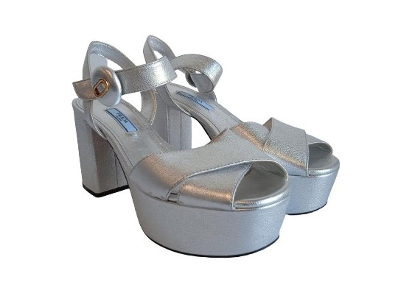 PRADA Ladies Silver Leather Mid-High 85 Block Heel Sandals Size EU37 UK4 NEW