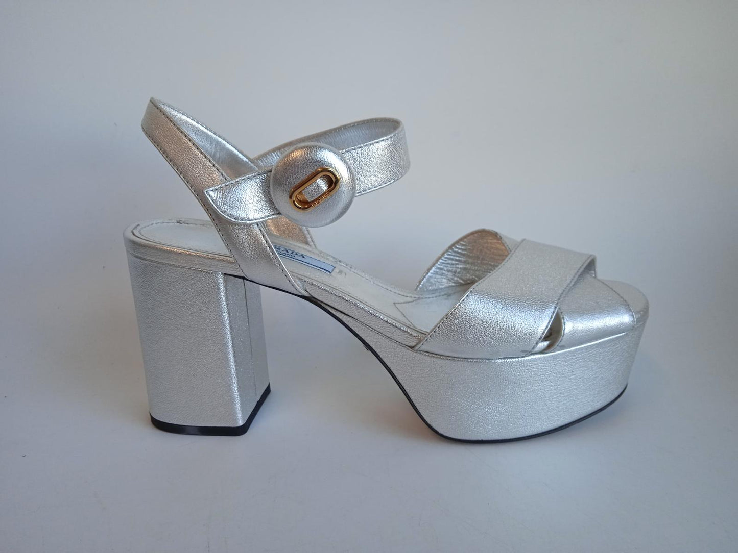 PRADA Ladies Silver Leather Mid-High 85 Block Heel Sandals Size EU37 UK4 NEW