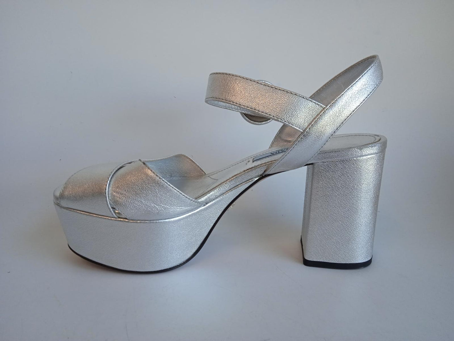 PRADA Ladies Silver Leather Mid-High 85 Block Heel Sandals Size EU37 UK4 NEW