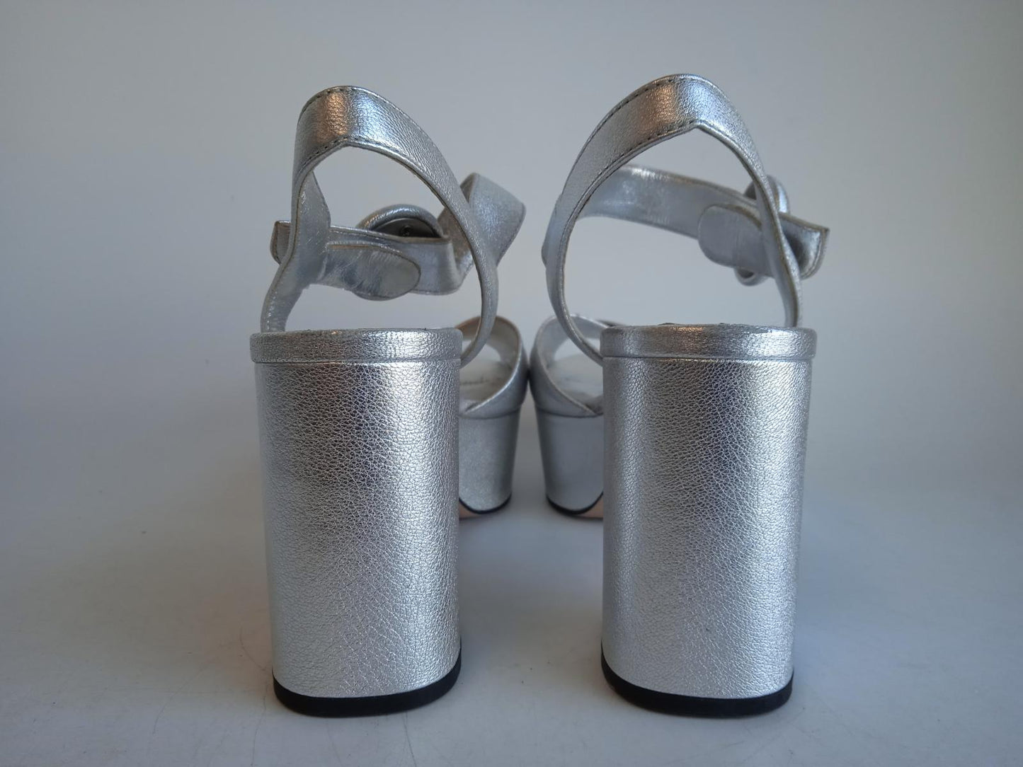 PRADA Ladies Silver Leather Mid-High 85 Block Heel Sandals Size EU37 UK4 NEW