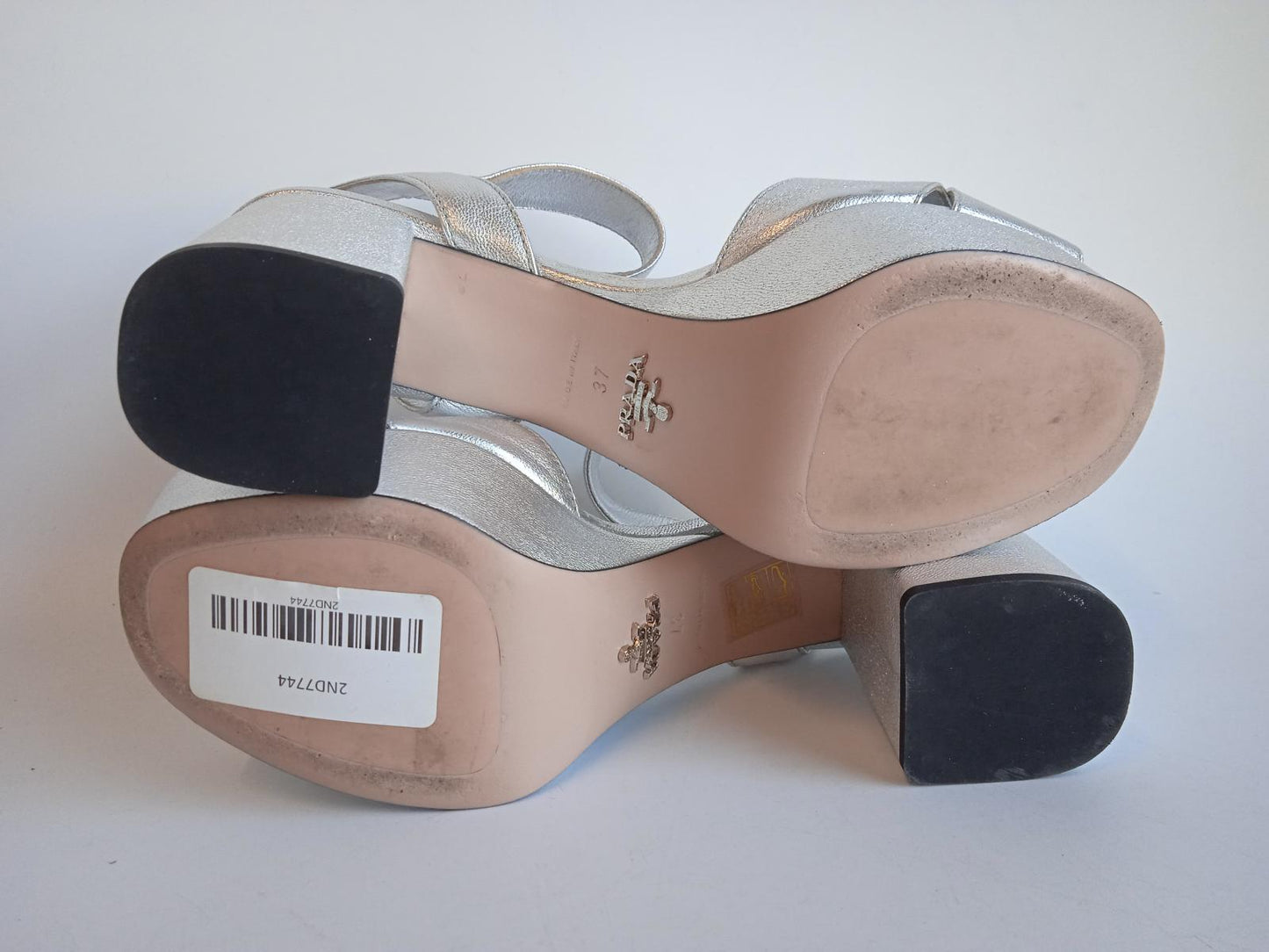 PRADA Ladies Silver Leather Mid-High 85 Block Heel Sandals Size EU37 UK4 NEW