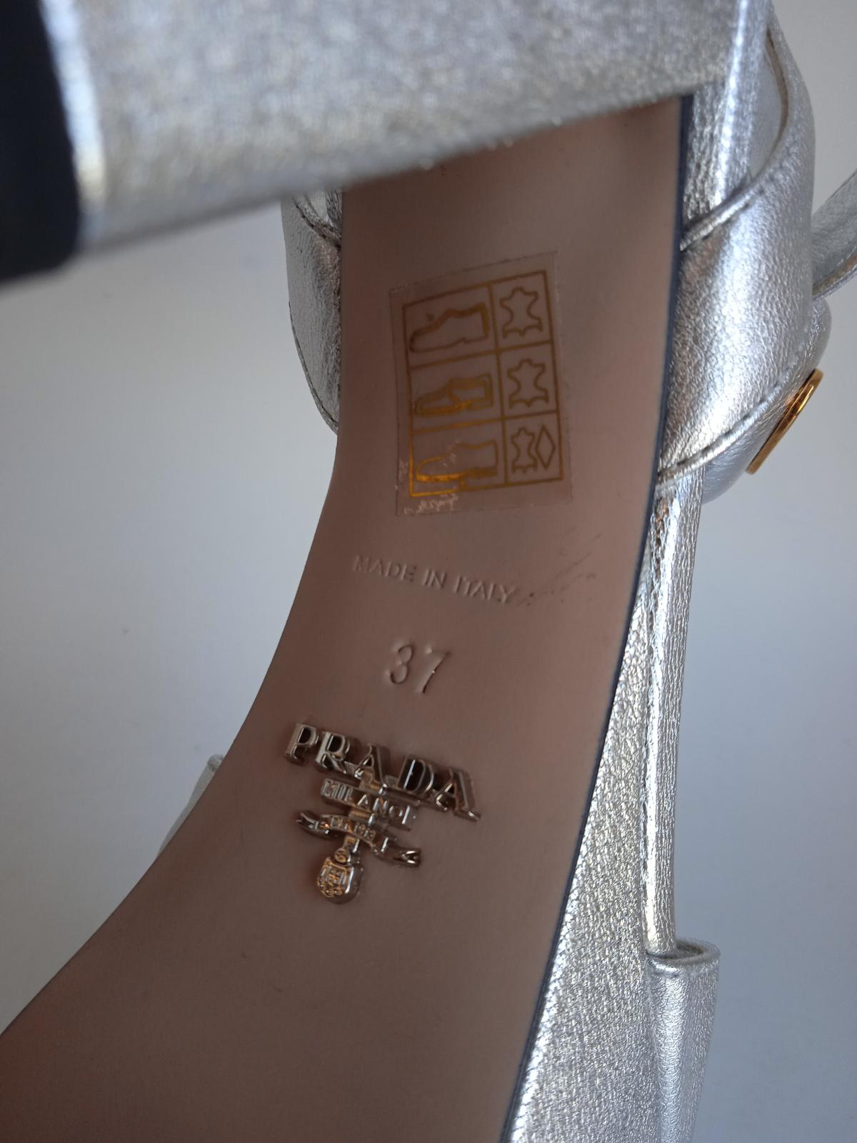 PRADA Ladies Silver Leather Mid-High 85 Block Heel Sandals Size EU37 UK4 NEW