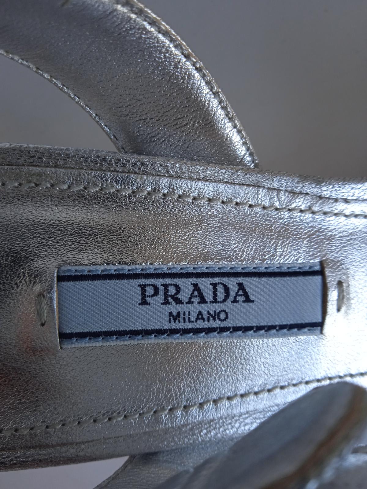 PRADA Ladies Silver Leather Mid-High 85 Block Heel Sandals Size EU37 UK4 NEW