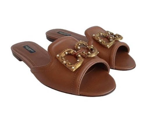 DOLCE & GABBANA Ladies Brown Leather DG Amore Flat Sandals EU38 UK5 NEW